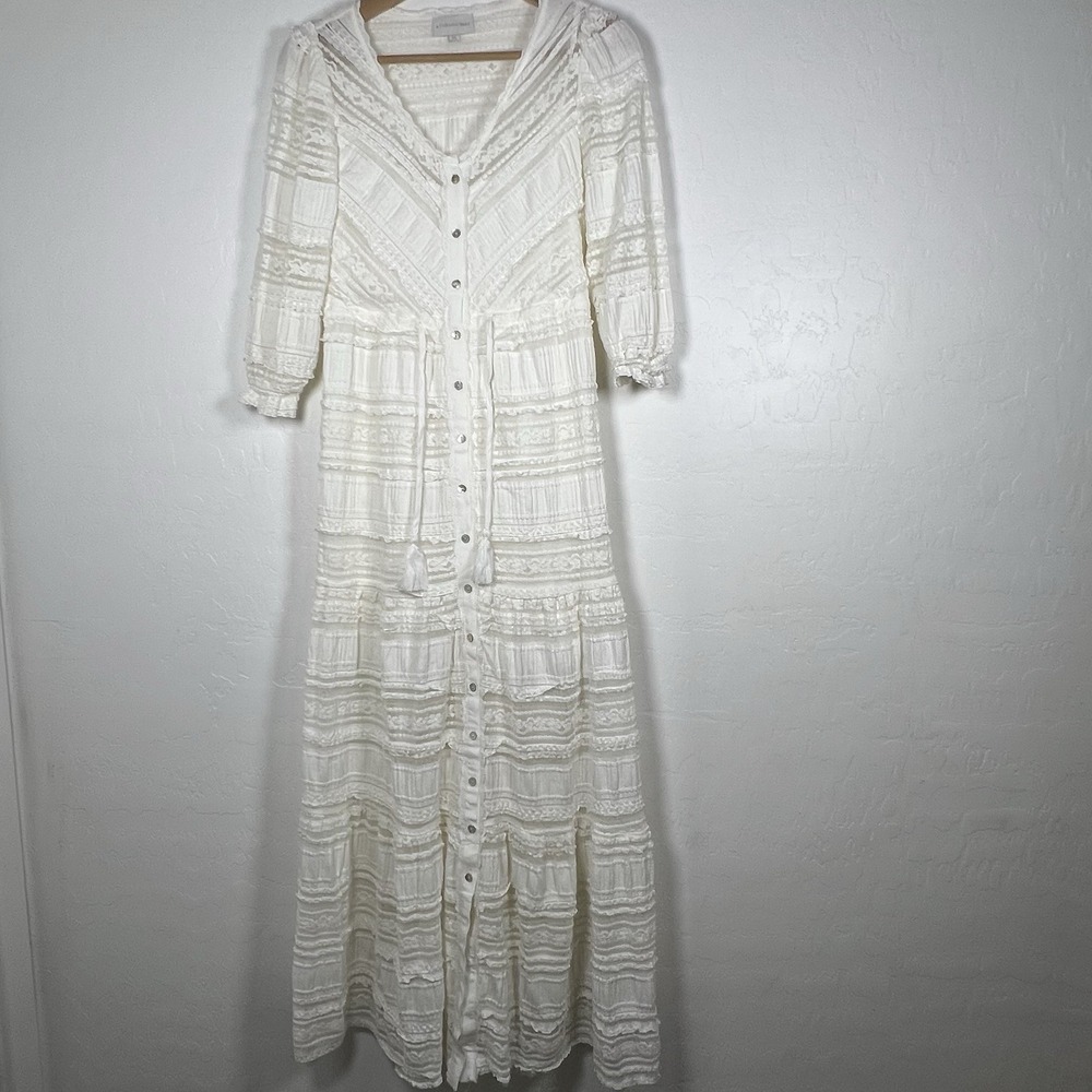 A Collective Story White Cream Lace Ruffled Button Up Lined Maxi Dress Size XS